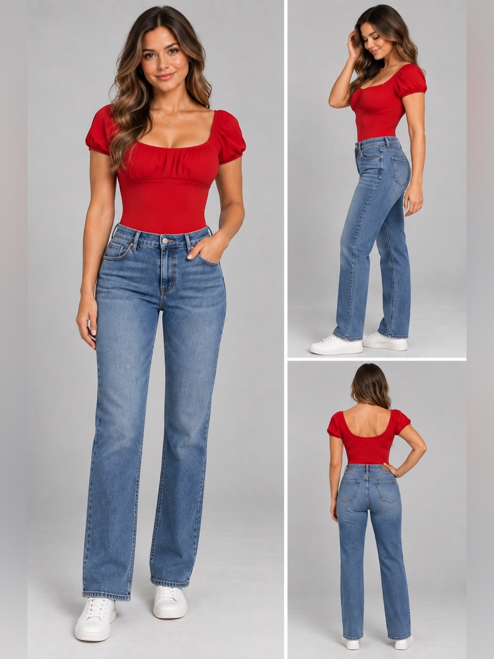 Celebrity Pink Red Puff Sleeve Bodysuit Small Square Neck